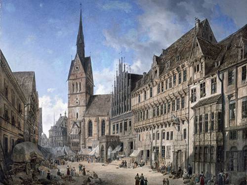 Blick durch die Köbelingerstraße auf die Marktkirche. Ölbild von Domenico Quaglio, 1834